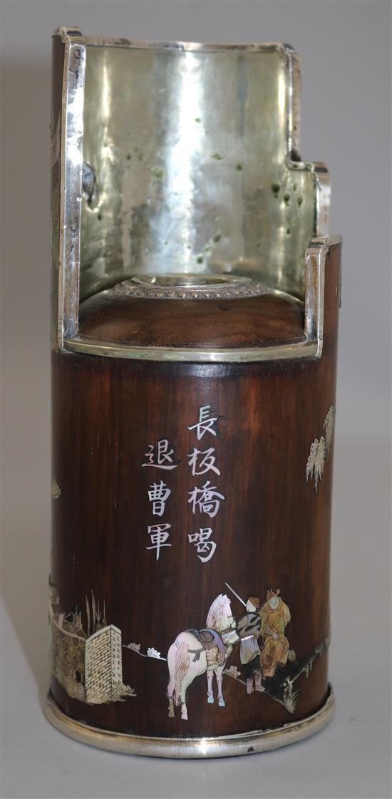 A Chinese rosewood and mother of pearl inlaid pipe holder, 21cm